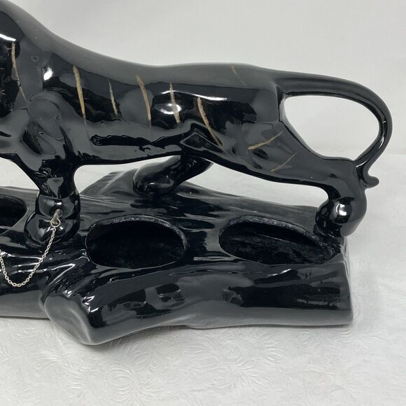 50s Mid Century Ceramic Black Panther Planter with Green Rhinestone Eyes & Chain - Picture 4 of 16